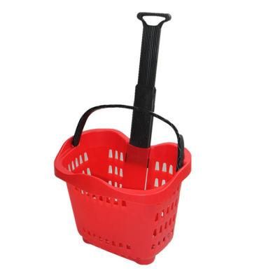 Supermarket Rolling Cheap Plastic Shopping Basket with Two Wheels or Four Wheels