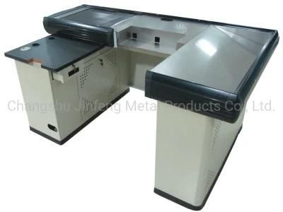 Supermarket Checkout Counter Convenience Store Metal Cashier Desk with Conveyor Belt Jf-Cc-091
