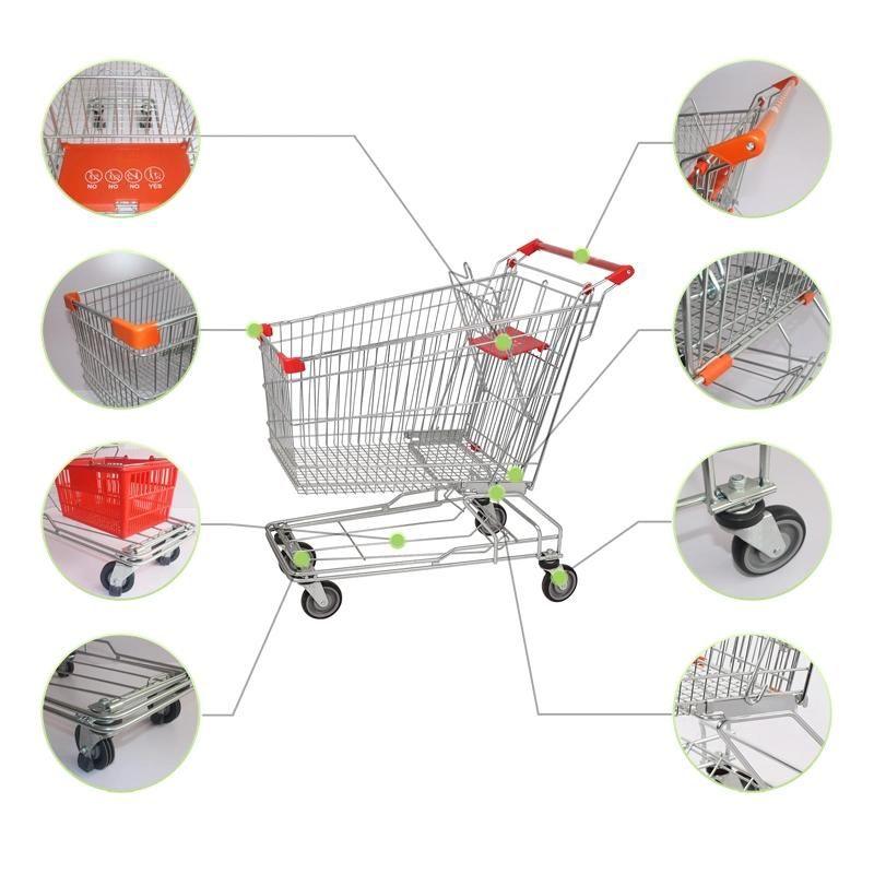 Manufacturer 80L Hot Sale Supermarket Asian Style Rolling Metal Grocery Shopping Trolley Cart