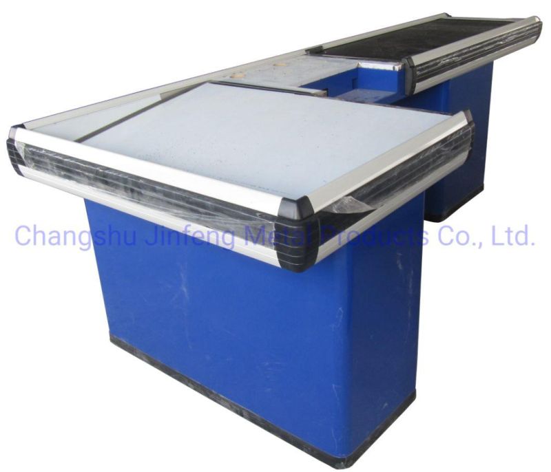 Supermarket Metal Cashier Desk Electric Checkout Counter with Conveyor Belt Jf-Cc-103