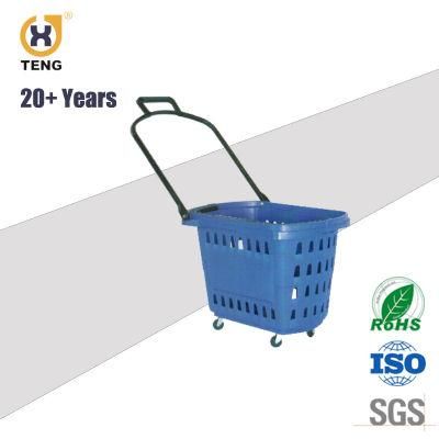 Xj-15 Supermarket Plastic Shopping Basket with Handle and Wheels