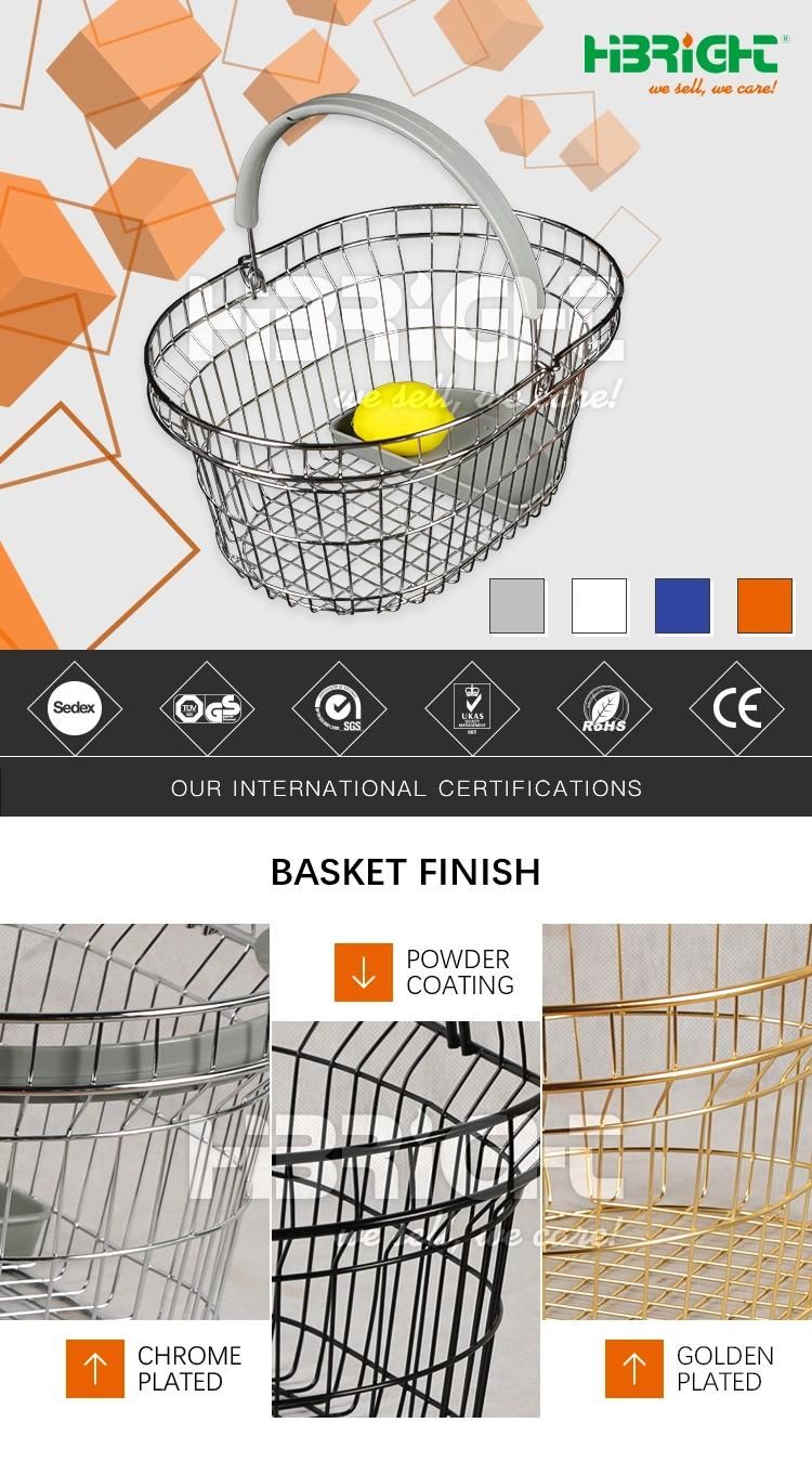 Grocery Pharmacy Store Chromed Steel Wire Shopping Hand Basket with Semi-Circle Plastic Tray