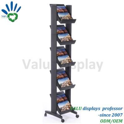 Black Wheels Movable Metal Aluminum Newspaper Book Rack with Height-Adjustable Shelf