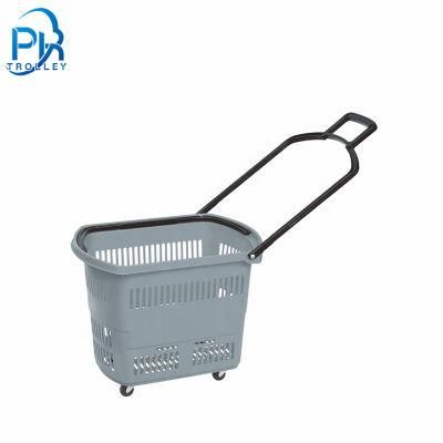 45L Supermarket Plastic Rolling Baskets with 4 Wheels