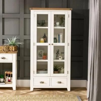 White Painted Glazed 2 Door 2 Drawer Tall Display Cabinet