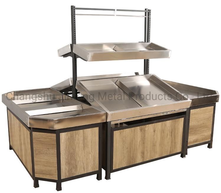 Supermarket Shelving Wooden Fruit and Vegetable Display Stand with Stainless Steel Basin