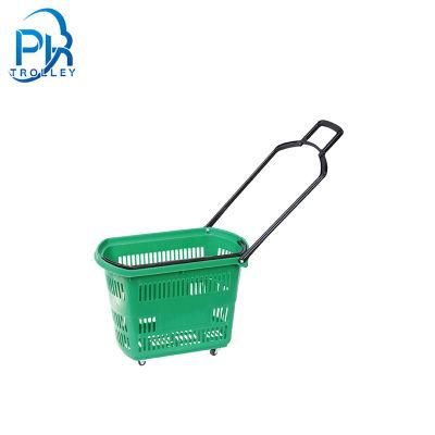 Retail Plastic Commercial Rolling Wheels Shopping Basket Trolleys with Handle