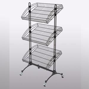 Three Baskets Metal Wire Basket Wheeled Moveable Display Shelf