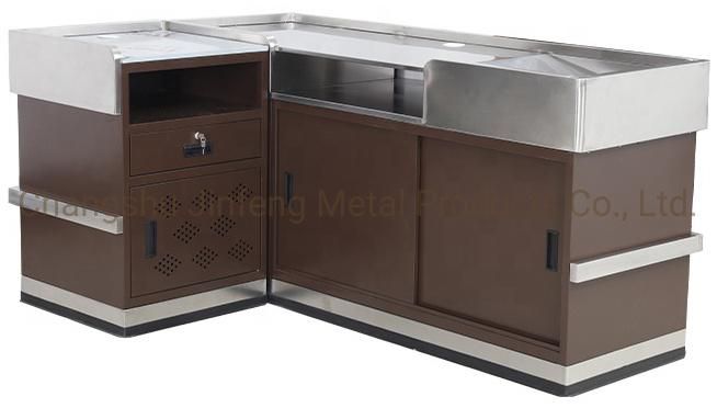 Supermarket Cashier Desk Metal Checkout Counter with Stainless Steel Protection