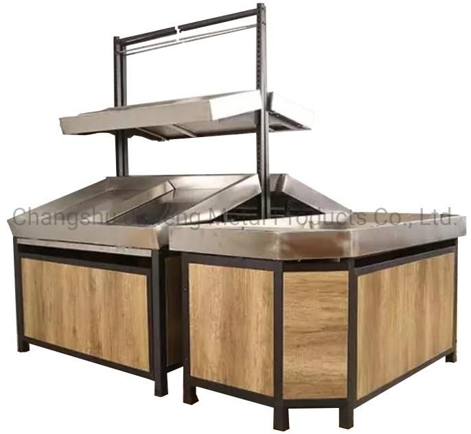 Supermarket Shelving Wooden Fruit and Vegetable Display Stand with Stainless Steel Basin