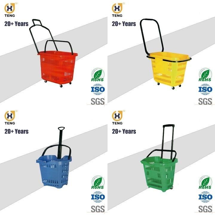 Xj-9 Supermarket Plastic Shopping Basket with Handle and Wheels