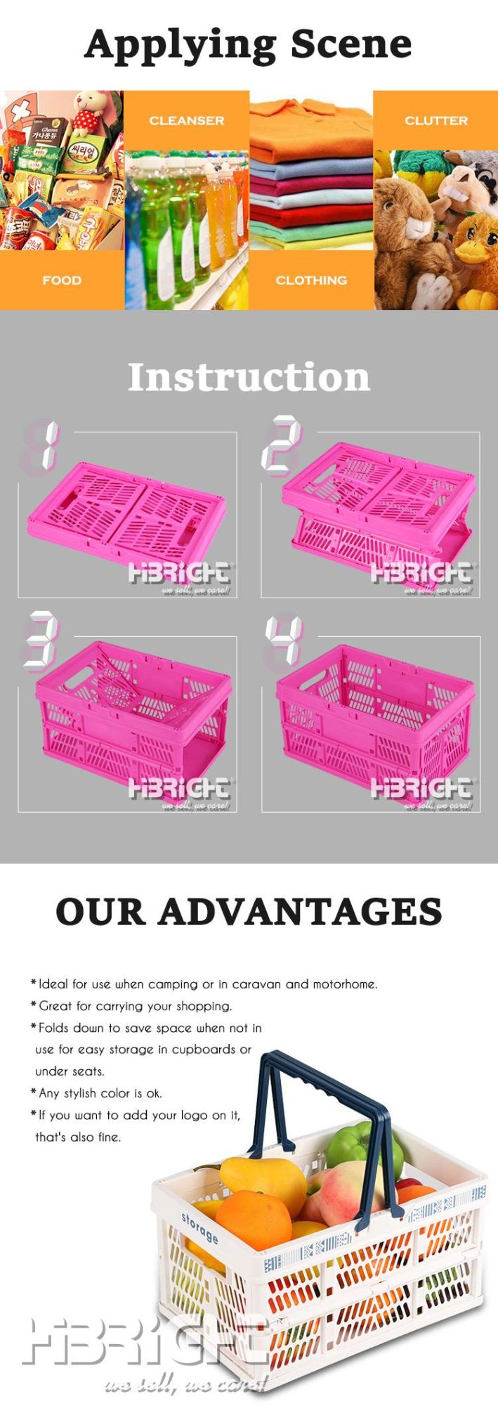 Supermarket Colorful Plastic Durable Foldable Shopping Baskets with Handles