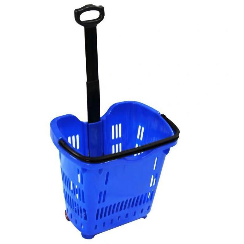 Supermarket Rolling Cheap Plastic Shopping Basket with Two Wheels or Four Wheels