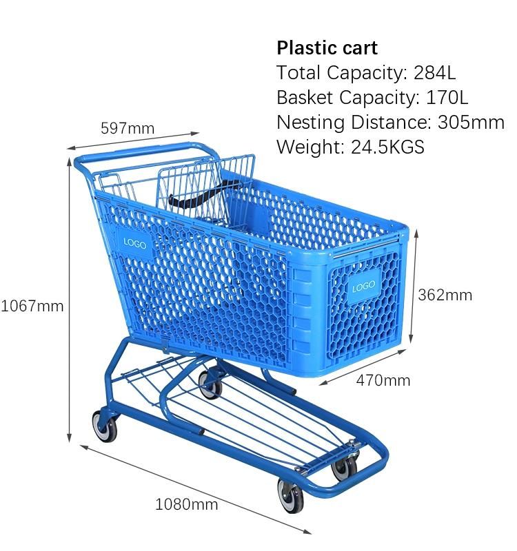 180 Liters Plastic Retail Grocery Supermarket Push Shopping Trolley for Us Market