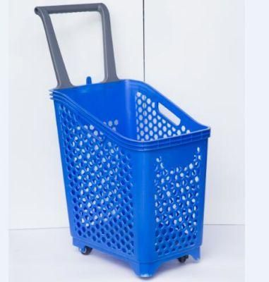 Supermarket Hand Push Shopping Basket Plastic Basket with 4 Wheels