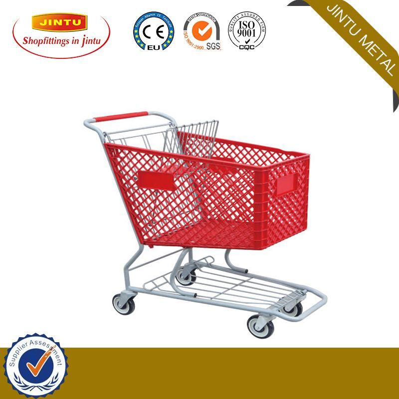 Supermarket Plastic Shopping Cart with Swivel Rubber Wheels