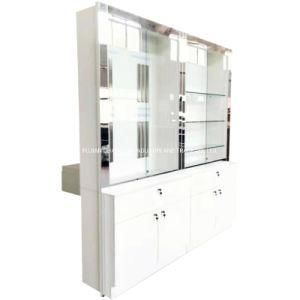 CY038-China Manufactured Customized Modern Designed Stainless Steel Metal Frame Wooden Supermarket Retail Glass Display Shelf With LED Light