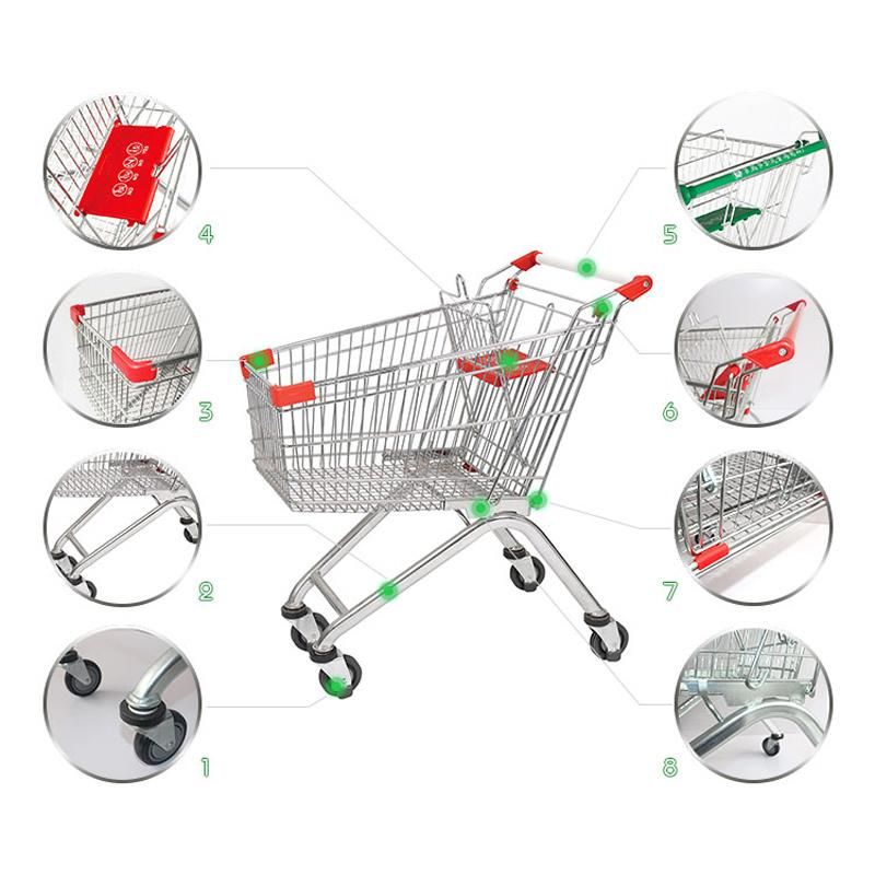 Big Capacity Steel European Style Grocery Shopping Cart with Coin Lock