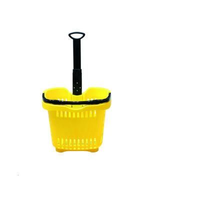 Merchandising Supermarket Shopping Plastic Rolling Basket with Wheels