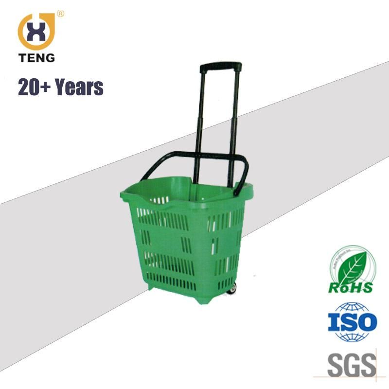 45L Green Red Plastic Rolling Supermarket Basket with Wheels