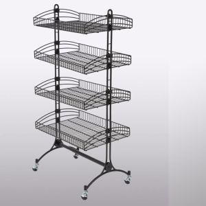 Metal Wire Basket Wheeled Moveable Display Stand with Three Basket