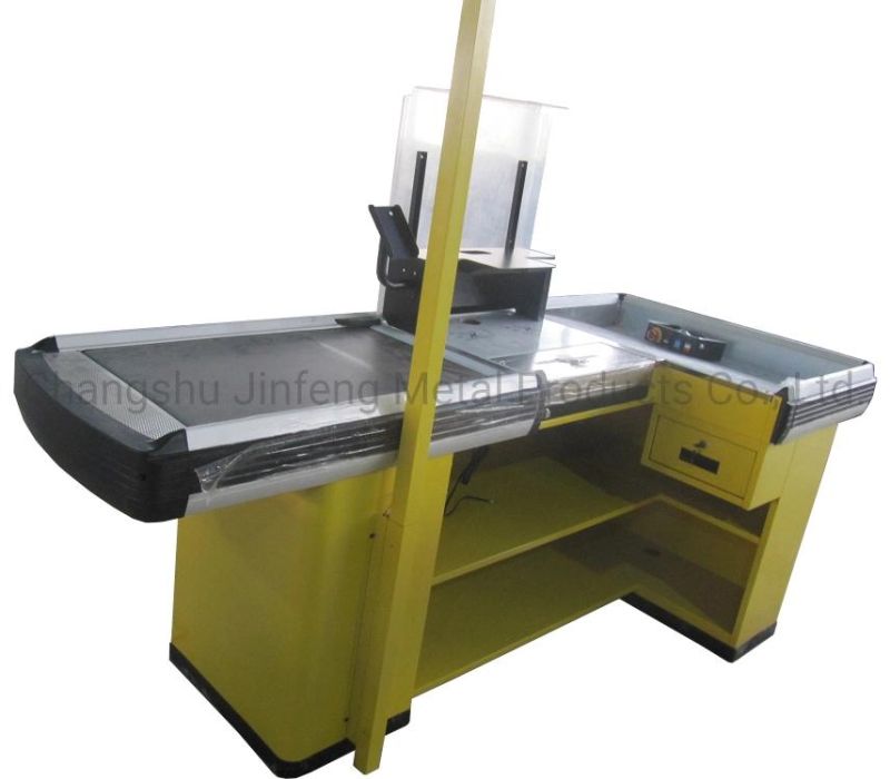 Supermarket Customized Metal Checkout Counter with Conveyor Belt and Light Box