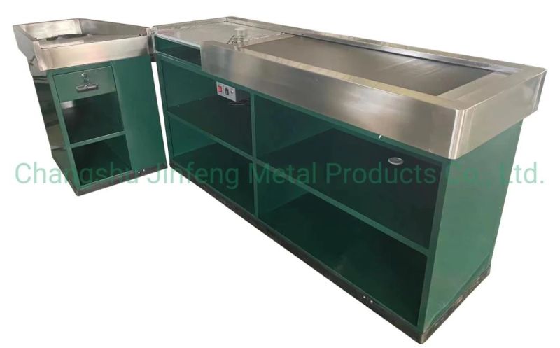 Supermarket Checkout Counter Cashier Table with Conveyor Belt Jf-Cc-092