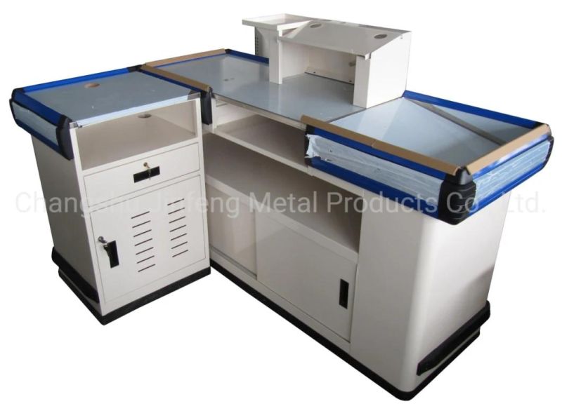 Supermarket Checkout Counter Metal Table with Keyborad Holder and Stainless Steel Top Cover