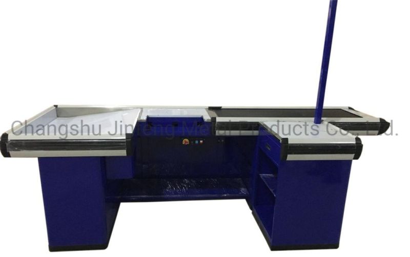 Supermarket Electric Bill Counter Metal Checkout Counter with Conveyor Belt