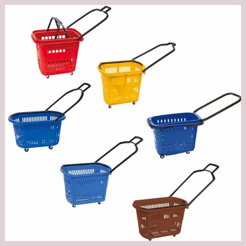 Supermarket Plastic Shopping Basket with Handle and Wheels