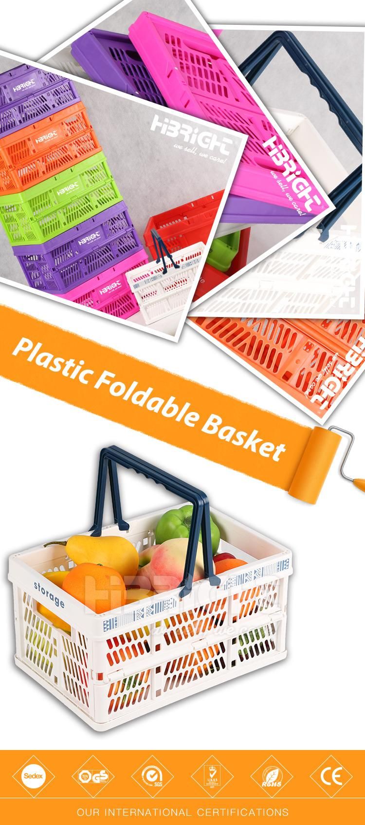 Supermarket Colorful Plastic Durable Foldable Shopping Baskets with Handles