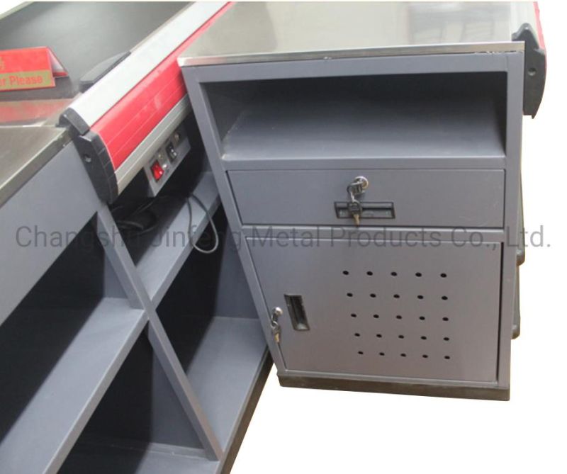 Supermarket Metal and Wooden Checkout Cash Counter Electric Checkout Counter with Motor and Conveyor Belt