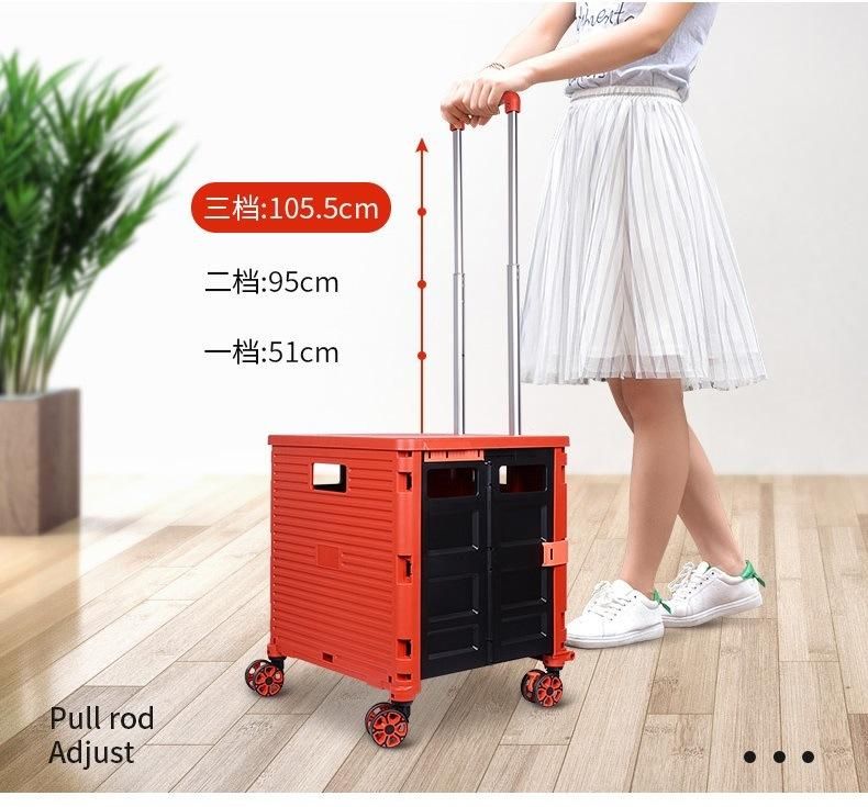 Four Rolling Wheels Plastic Basket Portable Shopping Folding Trolley Cart