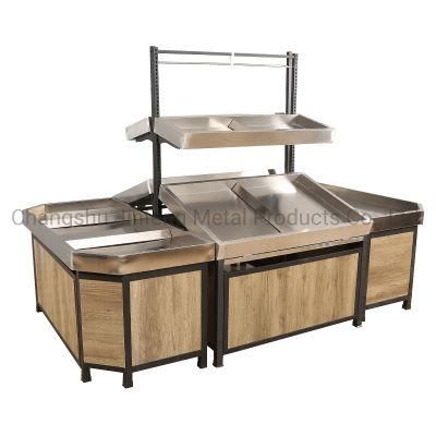 Supermarket Shelving Wooden Fruit and Vegetable Display Stand with Stainless Steel Basin