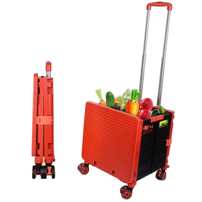 Four Rolling Wheels Plastic Basket Portable Shopping Folding Trolley Cart