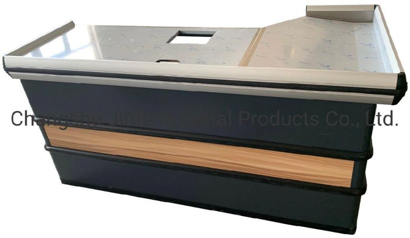 Metal and Wooden Cashier Supermarket Wood Grain Transfer Printing Checkout Counter with Keyboard Holder