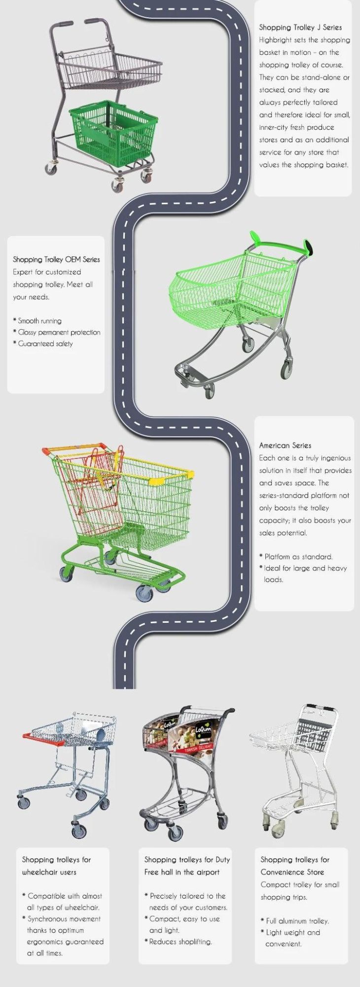 Metal Plastic Powder Coating Shopping Carts with Travelator Castors