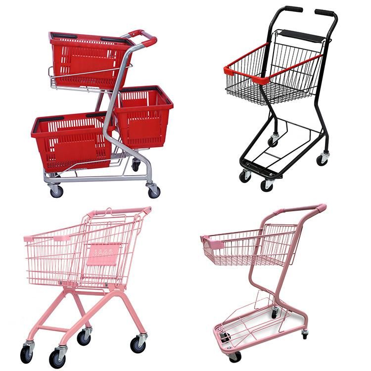 Supermarket Double Layer Grocery Shopping Cart Metal Shopping Handing Push Trolley with Multi Color