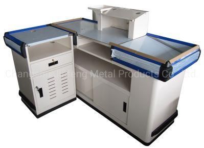 Supermarket Checkout Counter Metal Cashier Desk with Keyborad Holder and Stainless Steel Top Cover