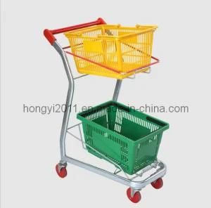 Manufacturer Hot Sale Supermarket Rolling 2-Tier Shopping Trolley Cart with Plastic Basket Convenience Shopping Basket Cart