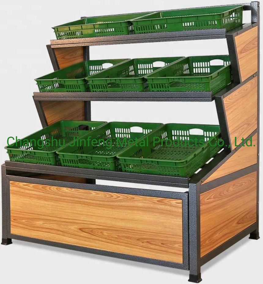 Supermarket Fruit and Vegetable Display Rack Wooden and Metal Display Shelf