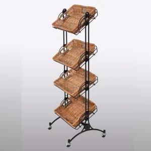 Metal Wire Basket Wheeled Moveable Display Stand with Three Baskets