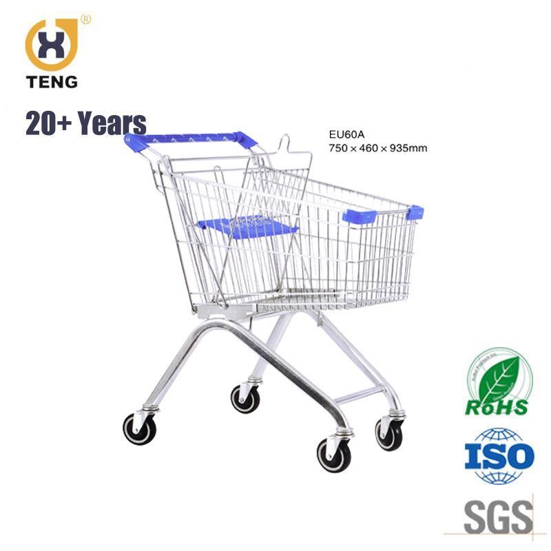 60L Europe Style Metal Shopping Trolley Cart for Supermarket