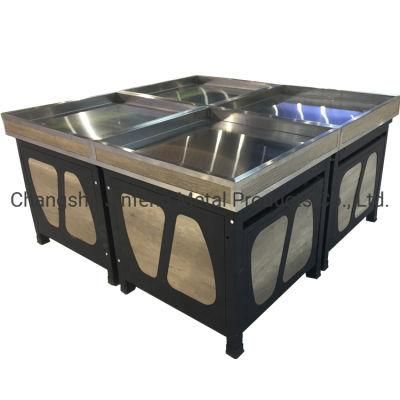 Supermarket Customized Cold-Rolled Steel &amp; Wooden Storage Shelf Fruit and Vegetable Display Rack with Wood