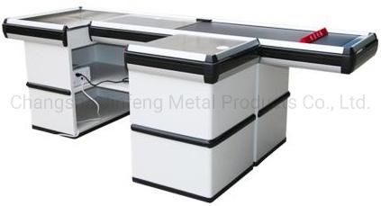 Modern Cashier Counter Design Supermarket Motor Checkout Counter with Conveyor Belt