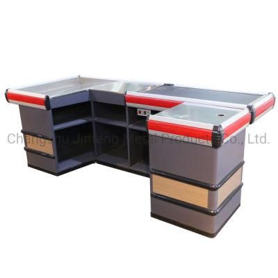 Supermarket Metal and Wooden Checkout Cash Counter Electric Checkout Counter with Motor and Conveyor Belt