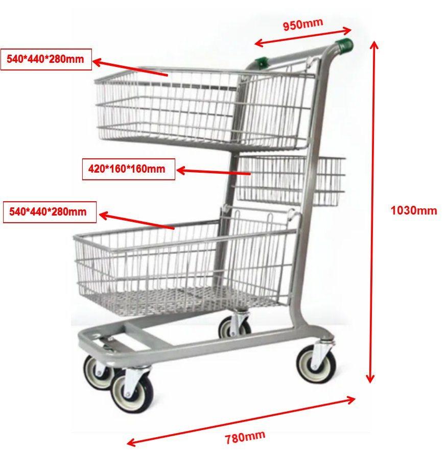 Supermarket Three Basket 2-Tier Shopping Cart Trolley