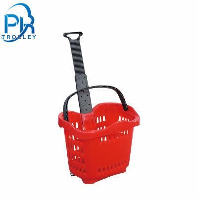 Supermarket Handle Plastic Basket for Shopping/Orange Wheeled Basket Trolley