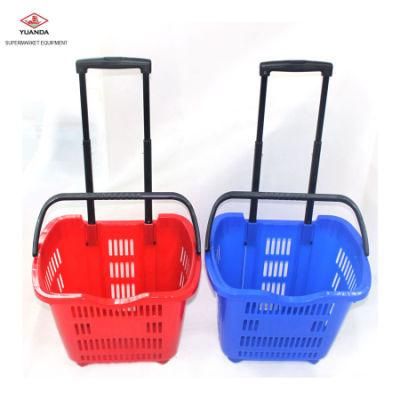 Plastic Supermarket Rolling Shopping Basket with Two Wheels