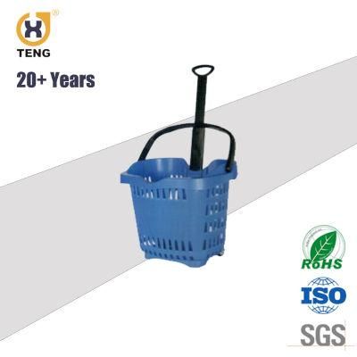 Xj-13 Supermarket Plastic Shopping Basket with Handle and Wheels